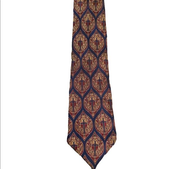 Appointed Apparel 100% Silk Neck Tie Navy, Burgundy and Gold Cross Print - Picture 1 of 4